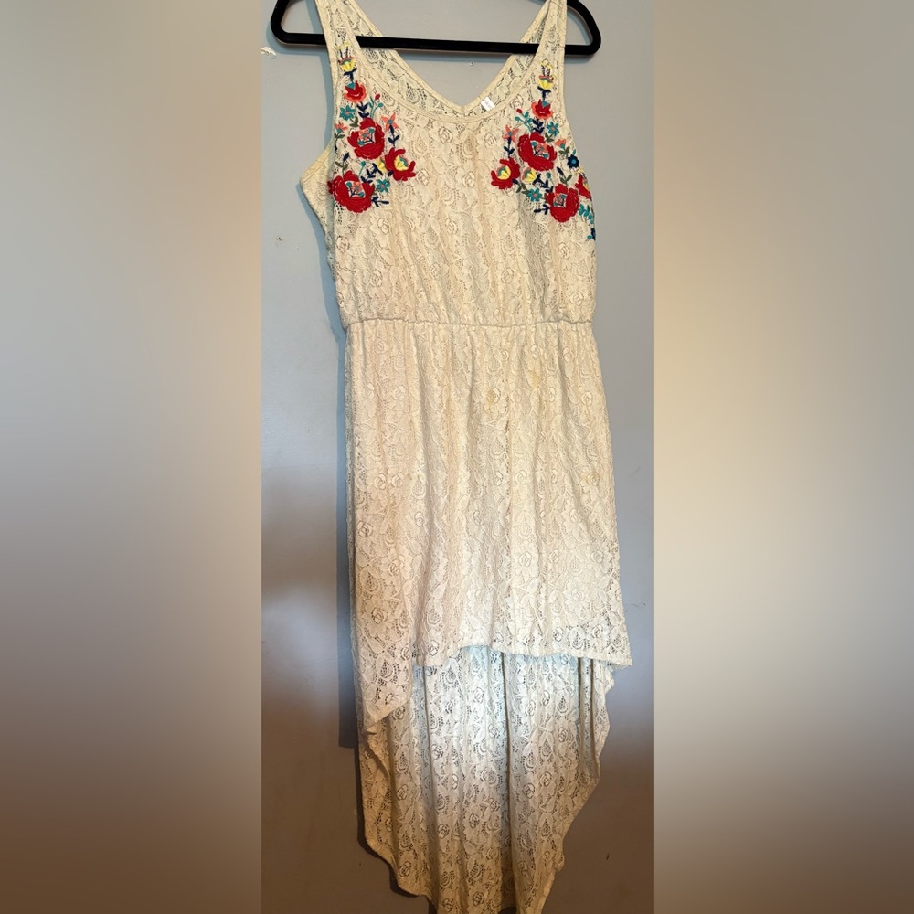 Elegant Cream Lace Dress with Floral Embroidery